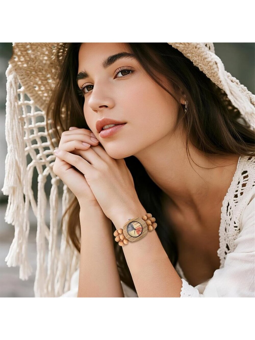 Women's khaki Analog Quartz Buddhist Beaded Bracelet Elastic Wrist Wooden Watch - Picture 4 of 6